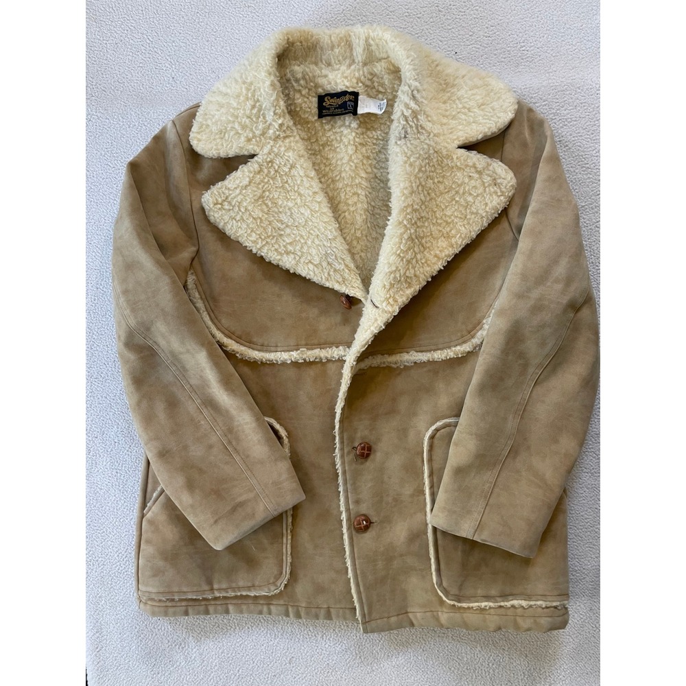 Swingster Mens Large Rancher Jacket Tan Faux Suede Sherpa Lined Made in USA
